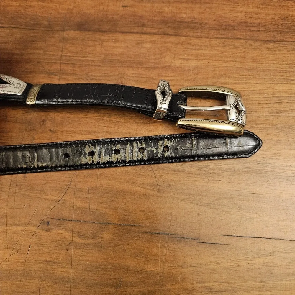 Brighton Black Leather Belt Mixed Metal Goldtone Snd Silvertone Size M/30‎